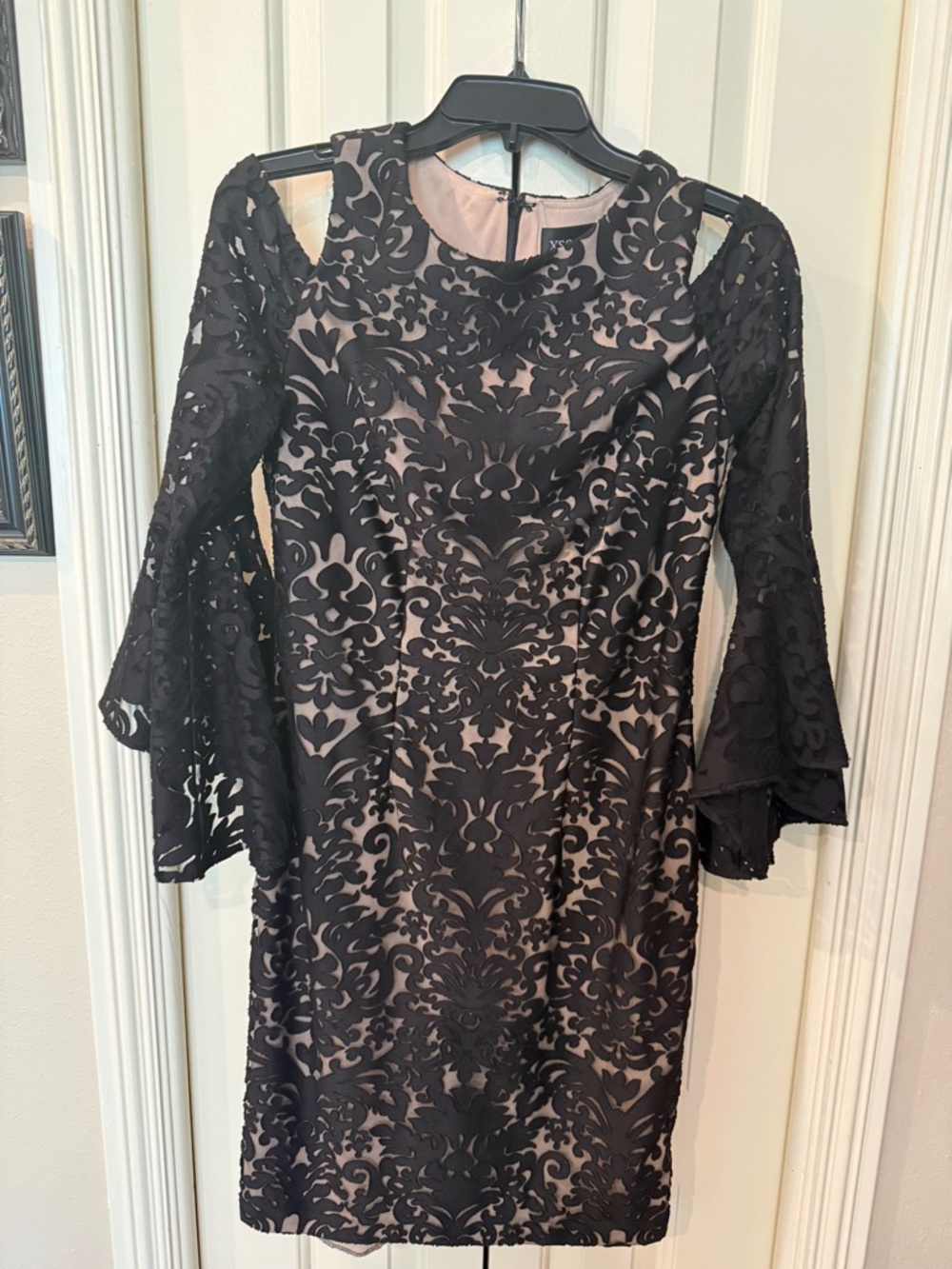 Xscape Black Lace Overlay Dress with Nude Lining